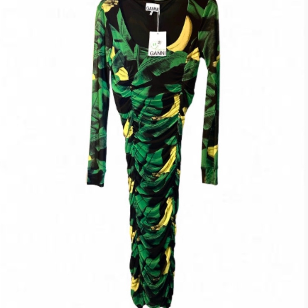 Ganni Vibrant Green and Yellow Long Sleeve Dress